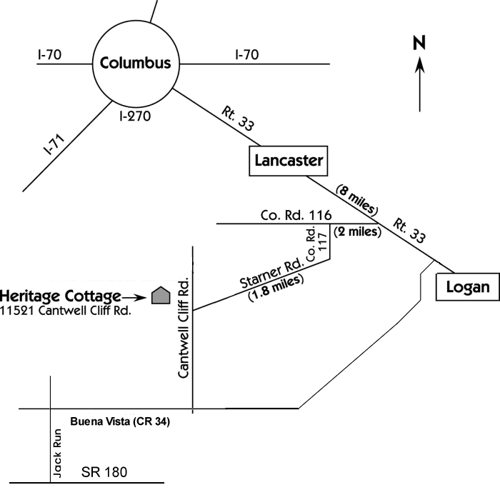 Map to the Heritage Cabin, Heritage Cottage, and Heritage Lodge